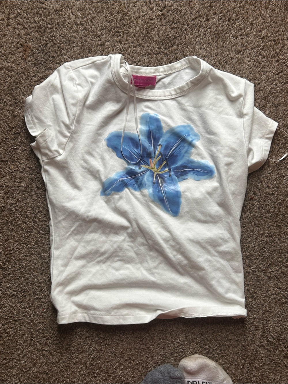 Girls' White Short-Sleeve Tee with Blue Floral Print
